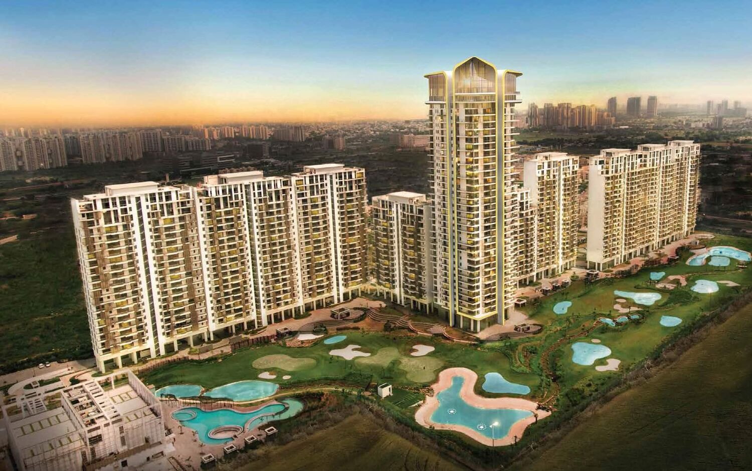 M3M Golfestate VIP clubhouse entrance with landscaped forecourt, Sector 65 Gurugram