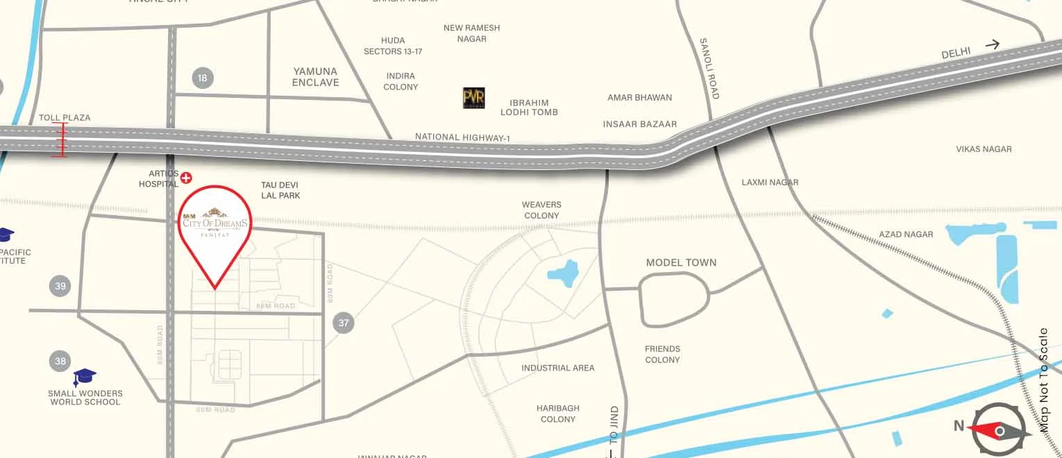 Connectivity map for M3M City of Dreams, Sectors 36 and 37, Panipat, with nearby landmarks