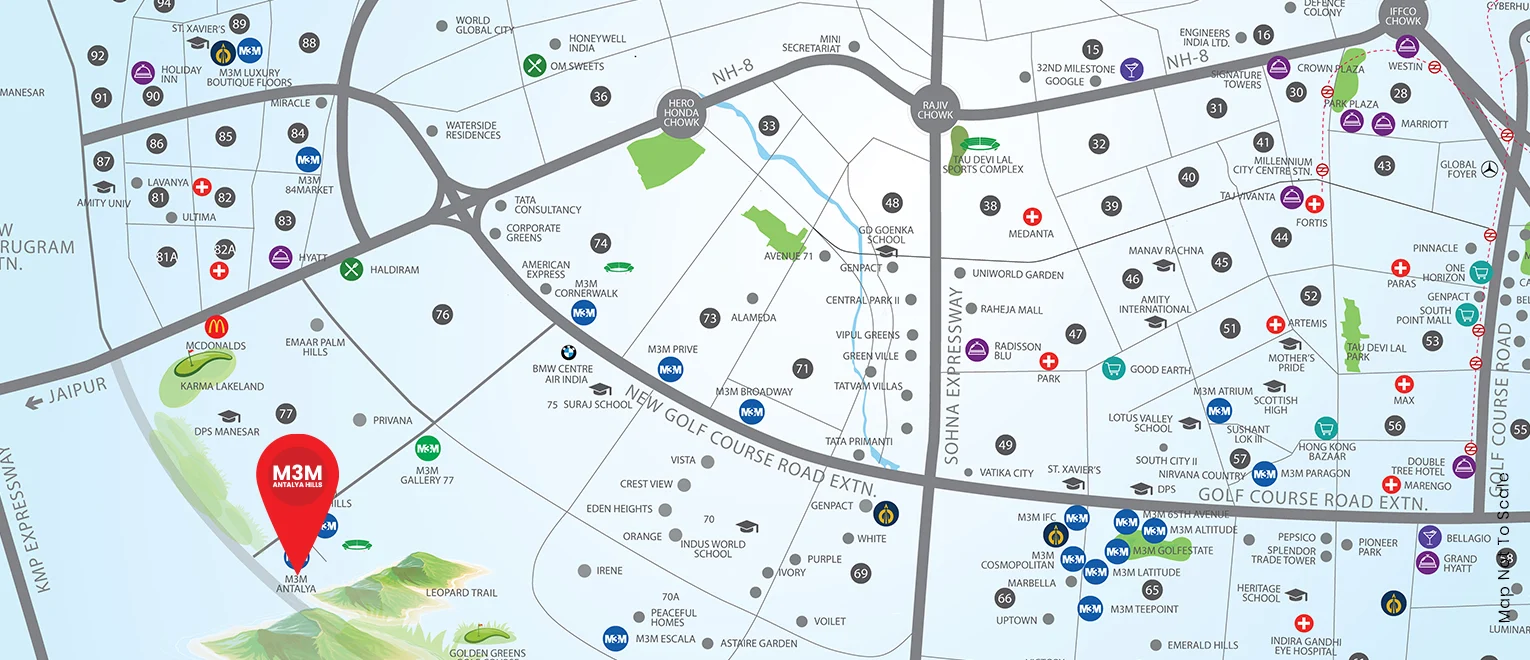 Connectivity map for M3M Antalya Hills showing Sector 79 Gurugram and nearby roads and landmarks