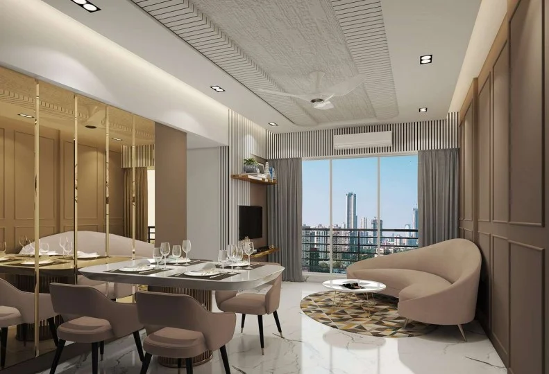 Artist's impression of a living and dining room opening to a balcony with a city view at M3M Brabus Sector 58, Gurgaon