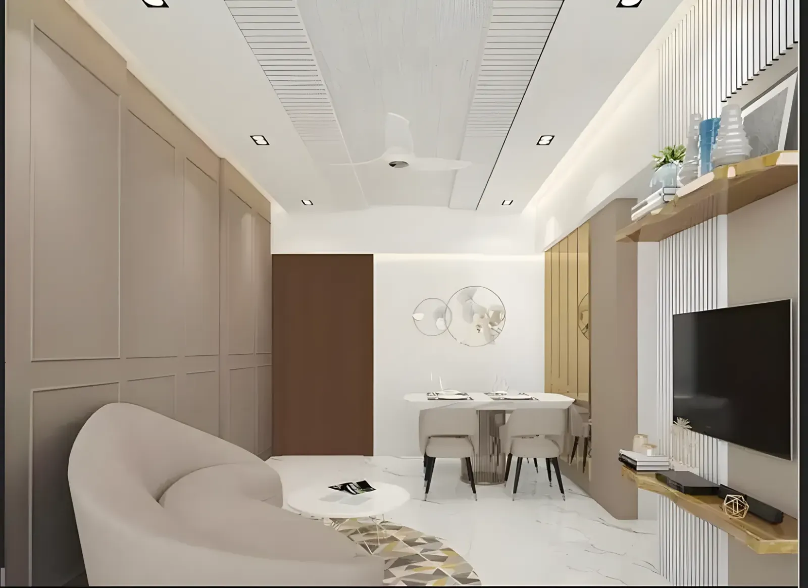 Artist's impression of a living and dining room with fluted panelling and a wall-mounted TV at M3M Brabus Sector 58