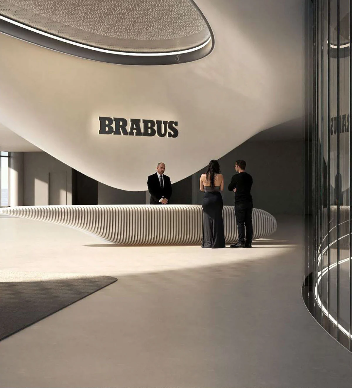 Artist's impression of the reception desk and sculpted lobby ceiling with the BRABUS wordmark at M3M Brabus Sector 58
