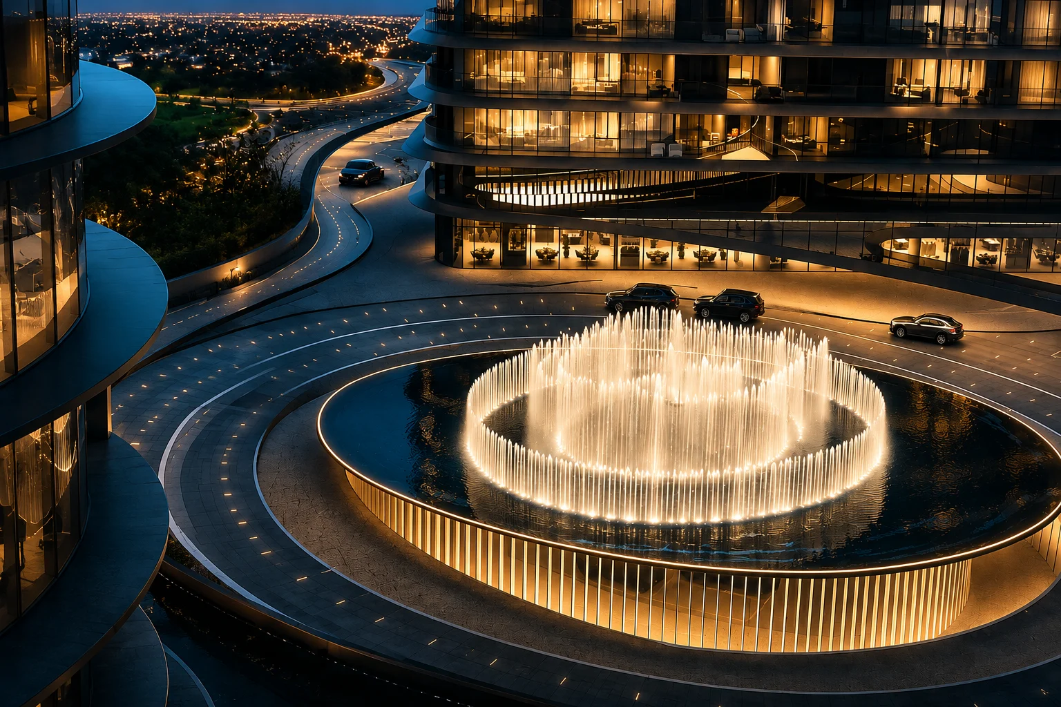 Artist's impression of the illuminated fountain court and arrival plaza at night at M3M Brabus Sector 58, Gurgaon