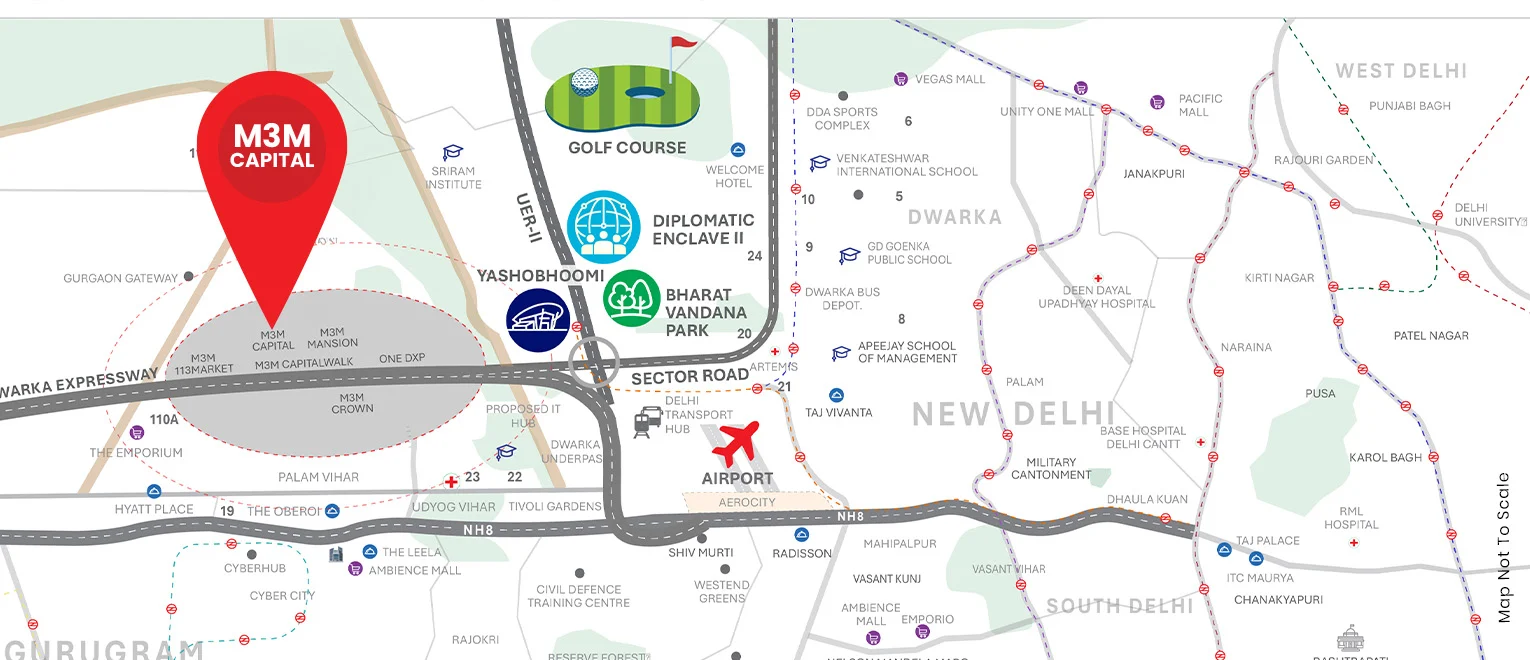 M3M Capital location and connectivity map, Sector 113 SCDA, Dwarka Expressway Gurugram