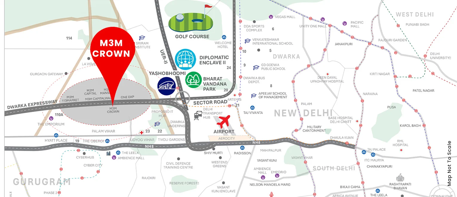 M3M Crown location and connectivity map, Sector 111 SCDA, Dwarka Expressway Gurugram