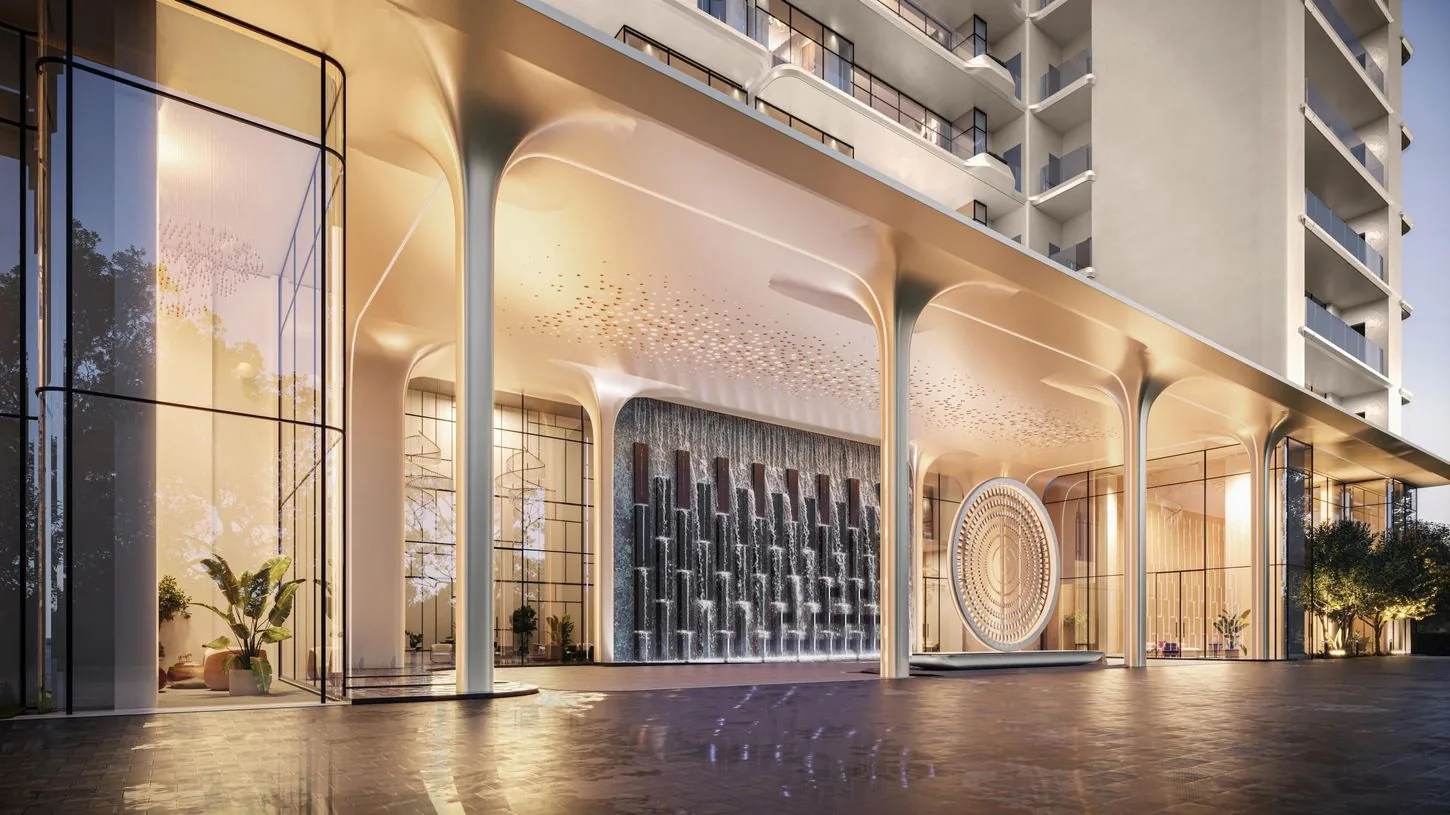 Grand arrival lobby of M3M Elie Saab with vertical garden systems and water feature