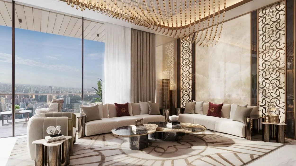 Guest seating area with skyline views at M3M Elie Saab