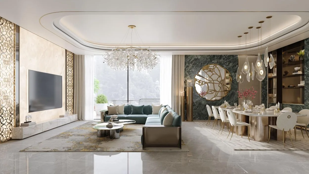 Living and dining room with floor-to-ceiling double glazing at M3M Elie Saab