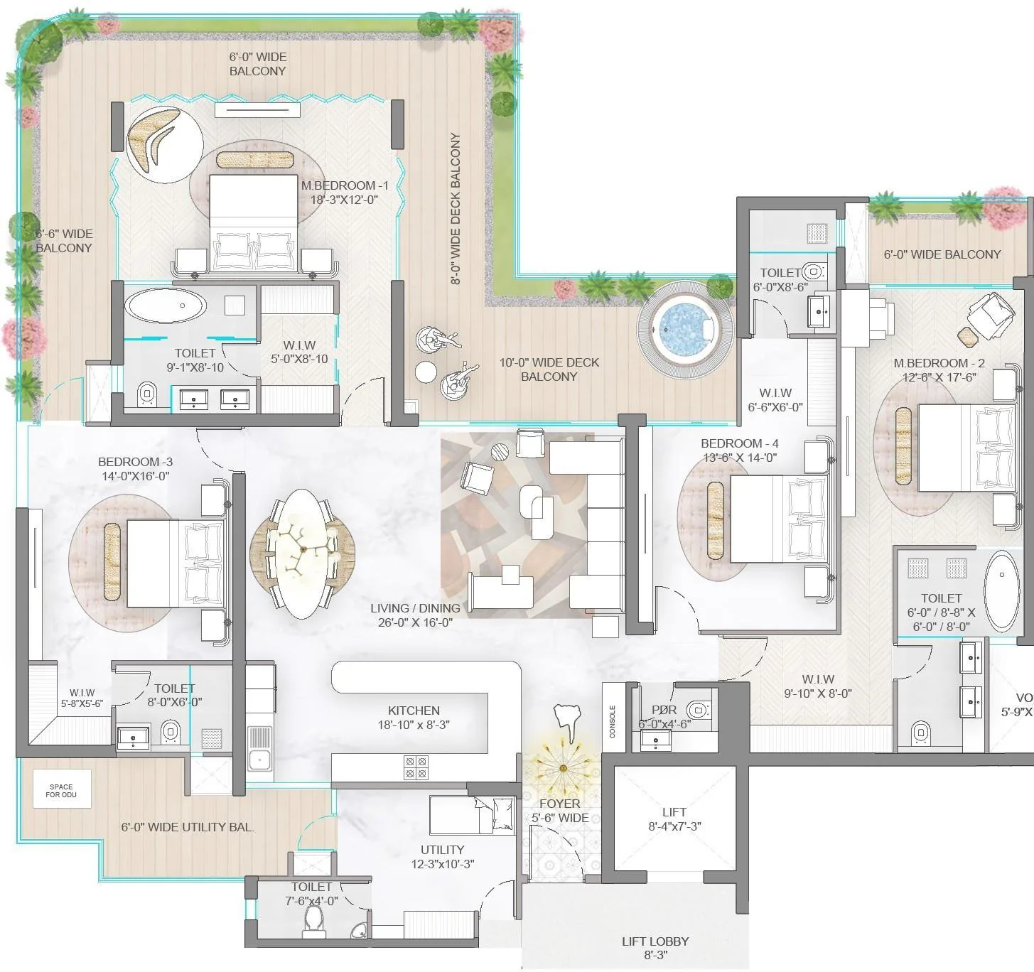 M3M Elie Saab Residences 4 BHK plus help room floor plan with room dimensions, wrap-around decks and private pool