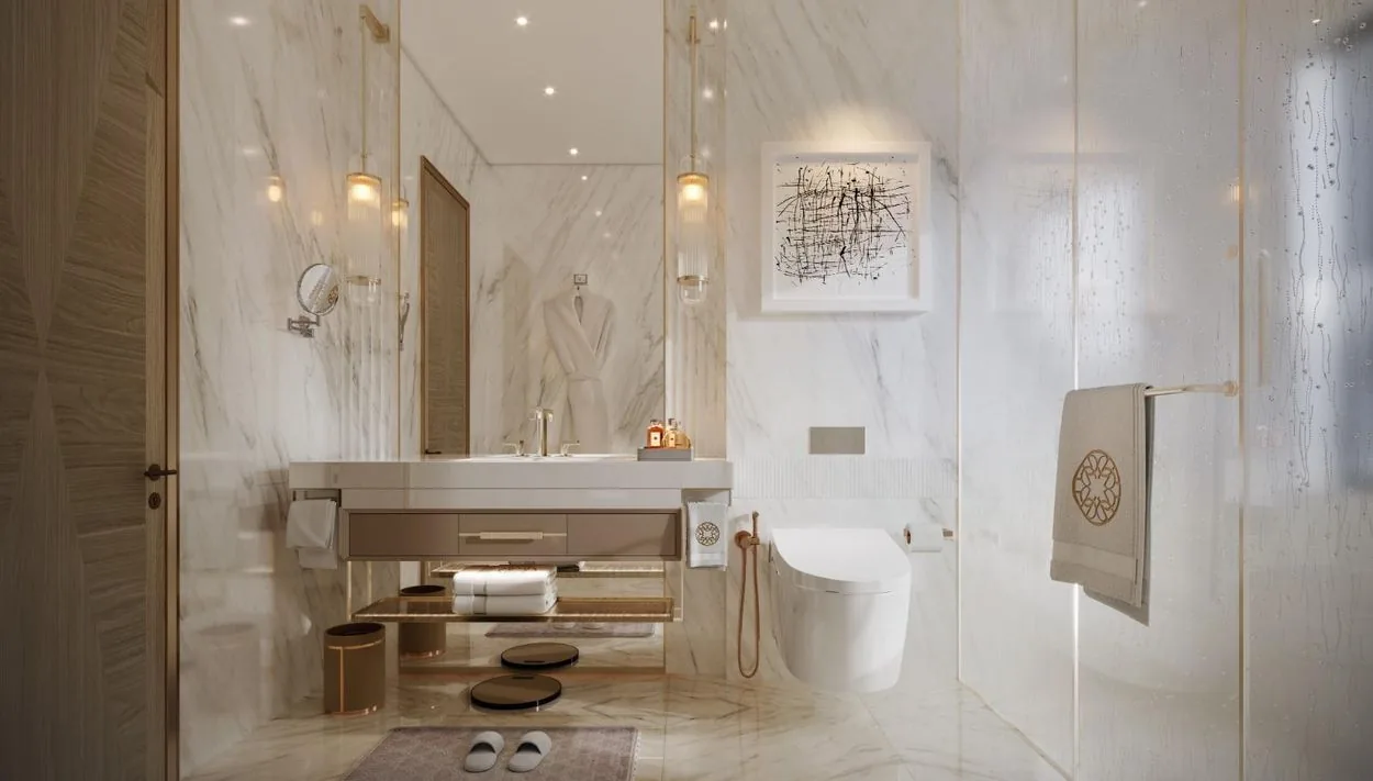 Spa-like marble bathroom at M3M Elie Saab