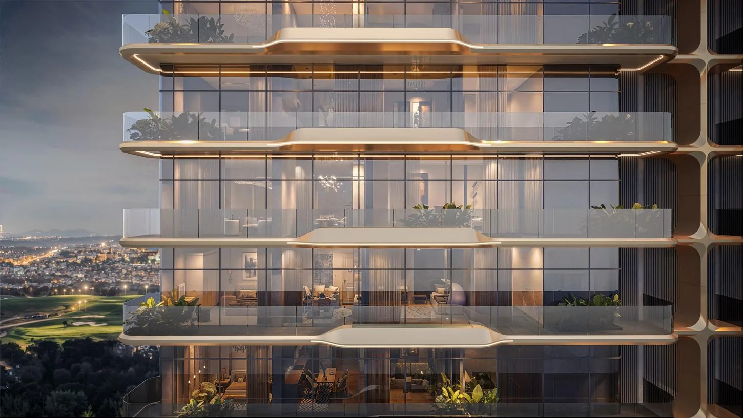Wrap-around glass decks flowing around the M3M Elie Saab residences
