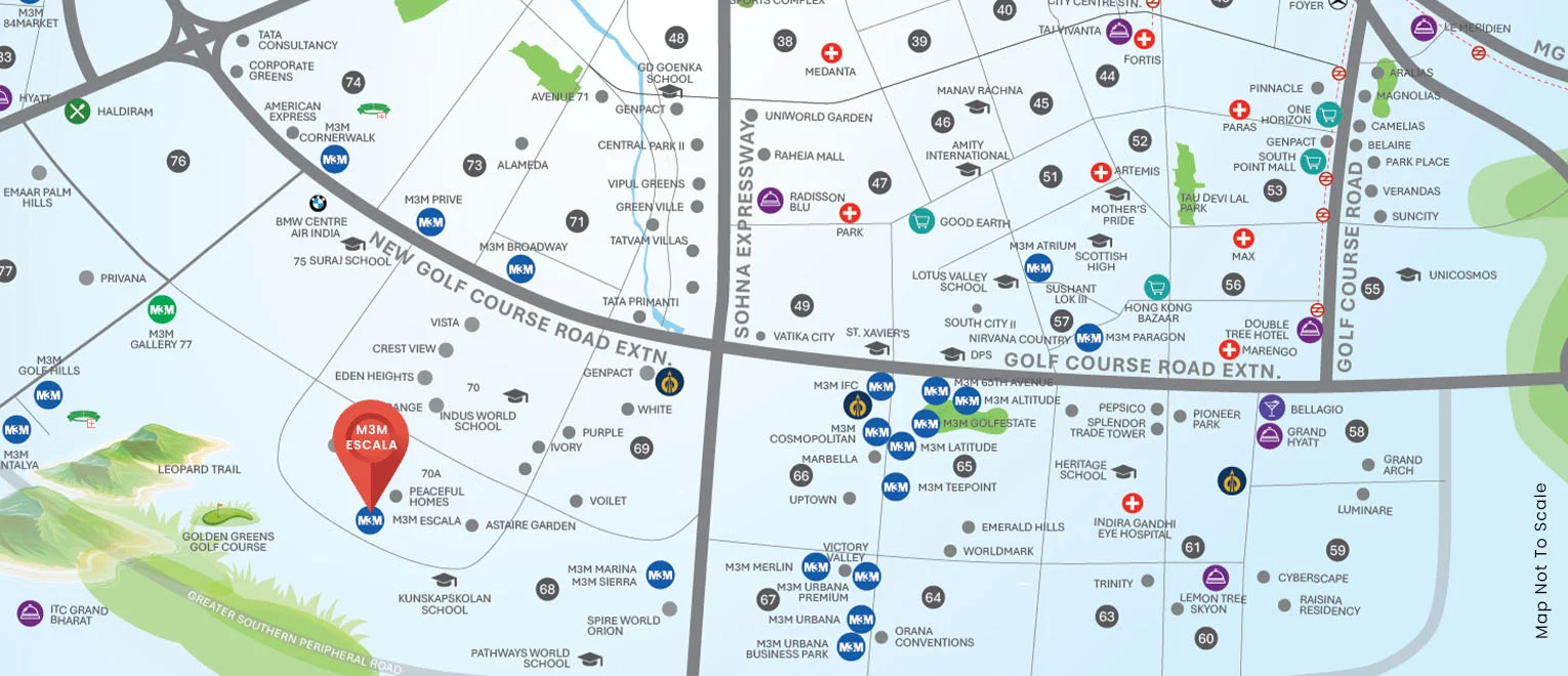 M3M Escala location and connectivity map, Sector 70A on the SPR, Gurugram