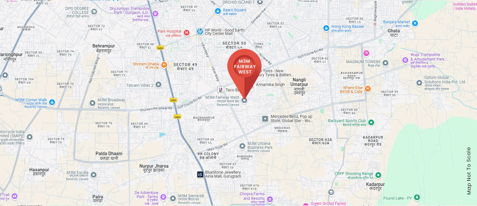 Connectivity map for M3M Fairway West, Golf Estate Sector 65, showing schools, metro, NH-8 and Cyber City