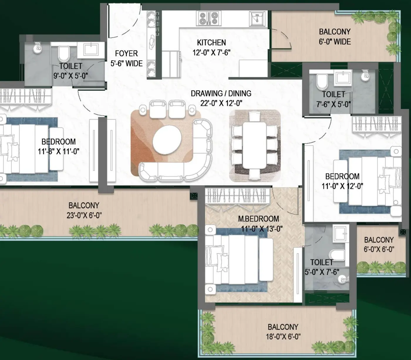 M3M Forestia West 3 BHK floor plan 1905 sq ft with room dimensions, four balconies and three toilets