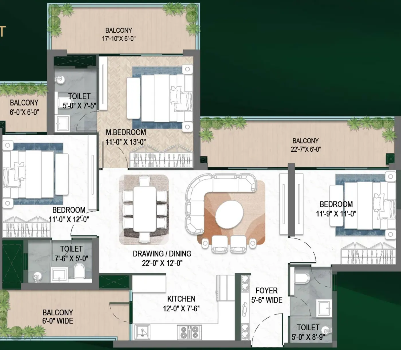 M3M Forestia West 3 BHK floor plan 1910 sq ft layout with 22 foot 7 inch balcony and three bedrooms
