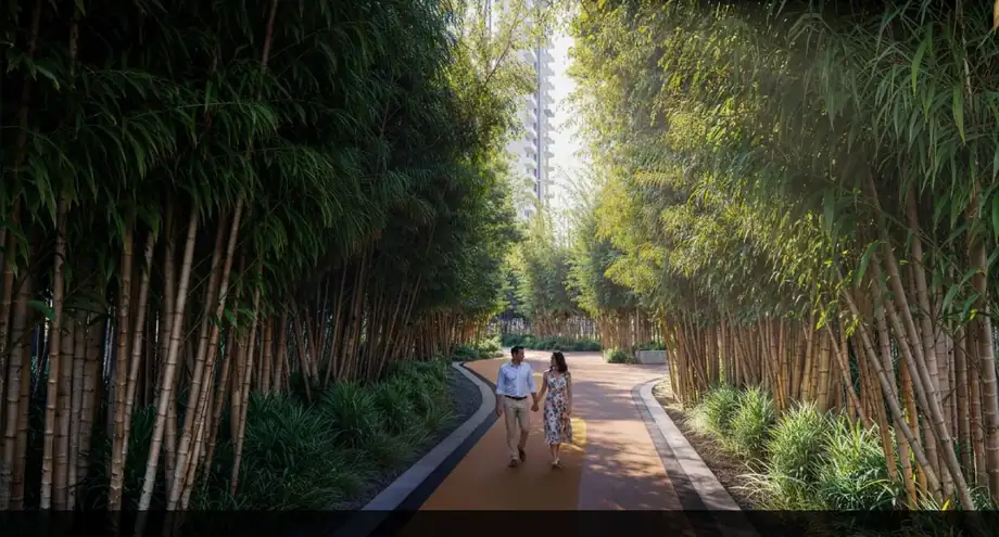 Bamboo-lined forest trail with walking and cycling paths at M3M Forestia West Manesar