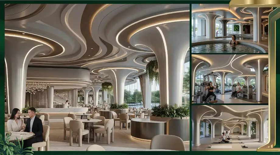 M3M Forestia West clubhouse interiors — café lounge, indoor pool, gymnasium and yoga studio