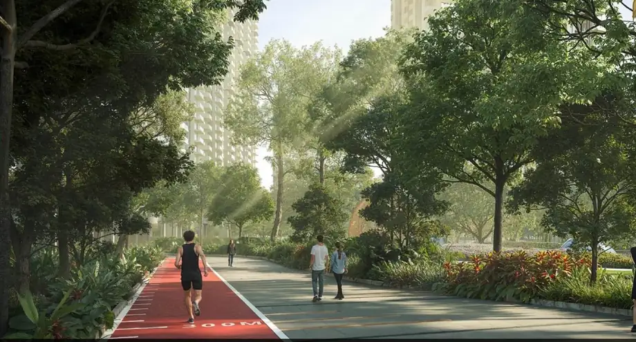 Dedicated jogging and cycling track lined with trees at M3M Forestia West