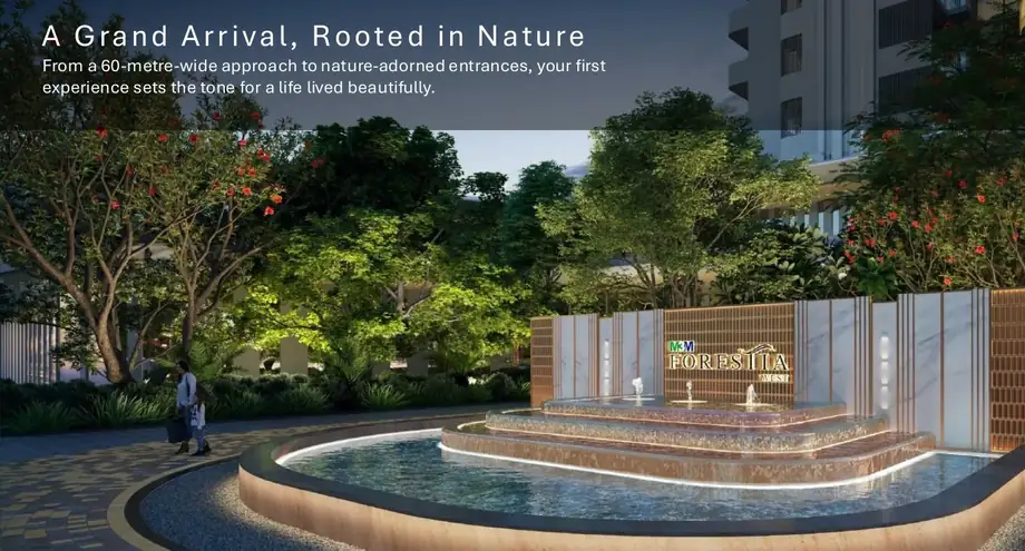 Grand arrival entrance plaza with water feature at M3M Forestia West Manesar