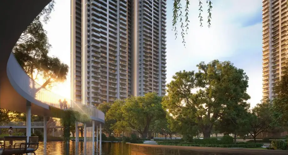 Green walkways and water bodies between towers at M3M Forestia West Manesar