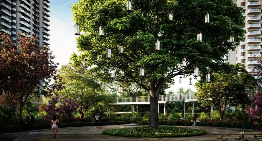 Lantern-lit heritage tree plaza at the heart of M3M Forestia West
