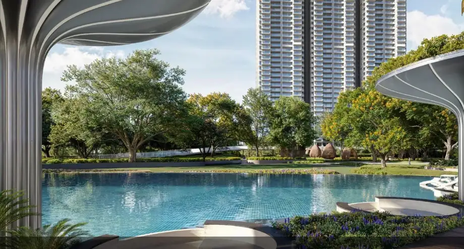 Leisure, family and kids swimming pools at M3M Forestia West set within landscaped greens