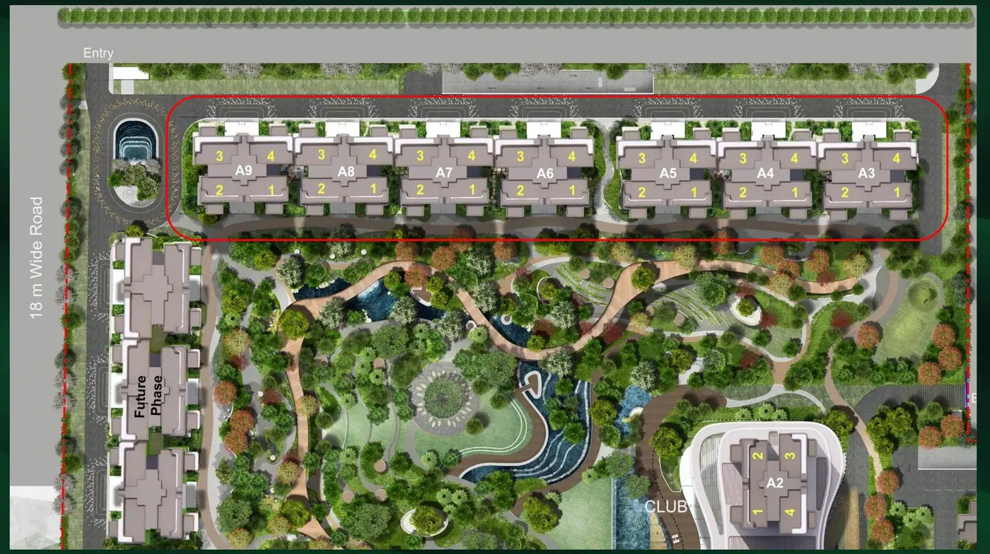 M3M Forestia West site plan showing towers A3 to A9, entry, Eden Club and Central Grove landscape