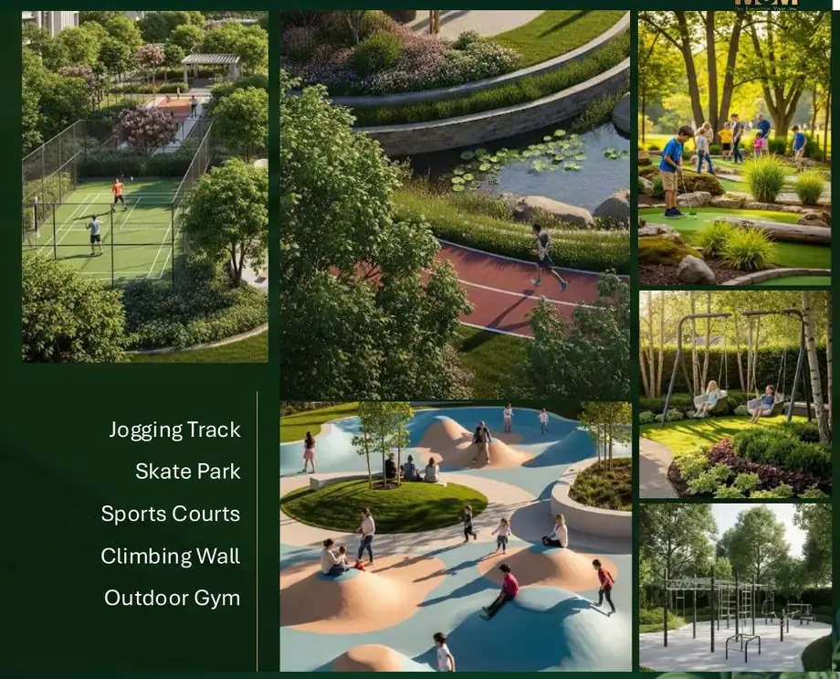 Sports courts, jogging track, skate park and outdoor gym at M3M Forestia West Manesar