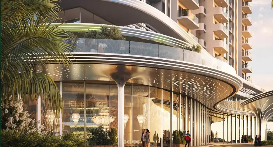 The Eden Club arrival porch at M3M Forestia West with sculptural canopy and double-height lobby