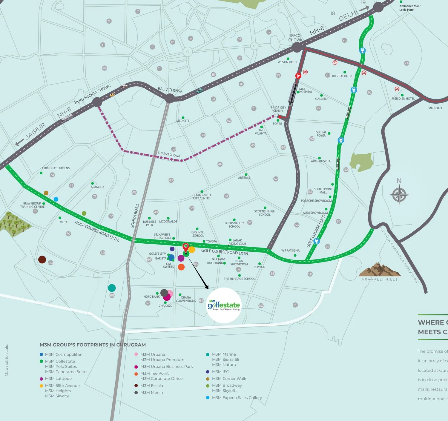 M3M Golf Estate connectivity map showing Golf Course Extension Road, Golf Course Road, NH-8 and Delhi