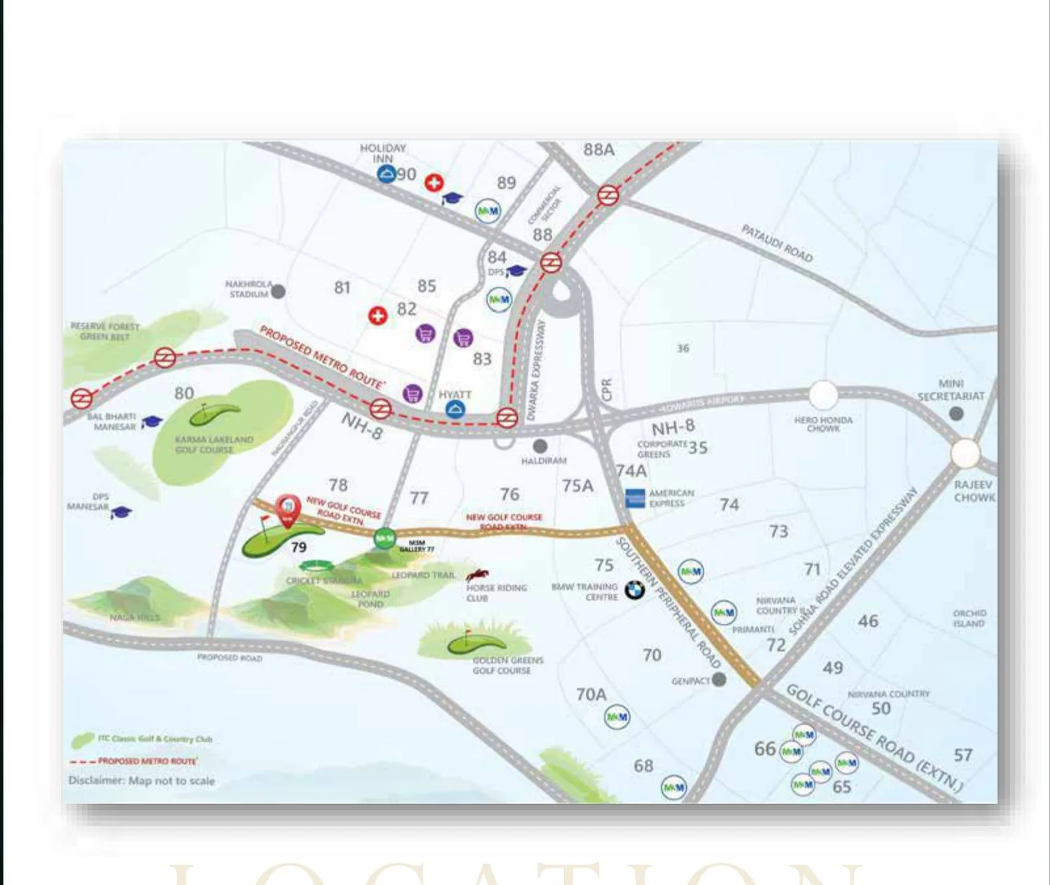 M3M Golf Hills connectivity map showing Sector 79, NH-8, Dwarka Expressway, SPR and the golf courses
