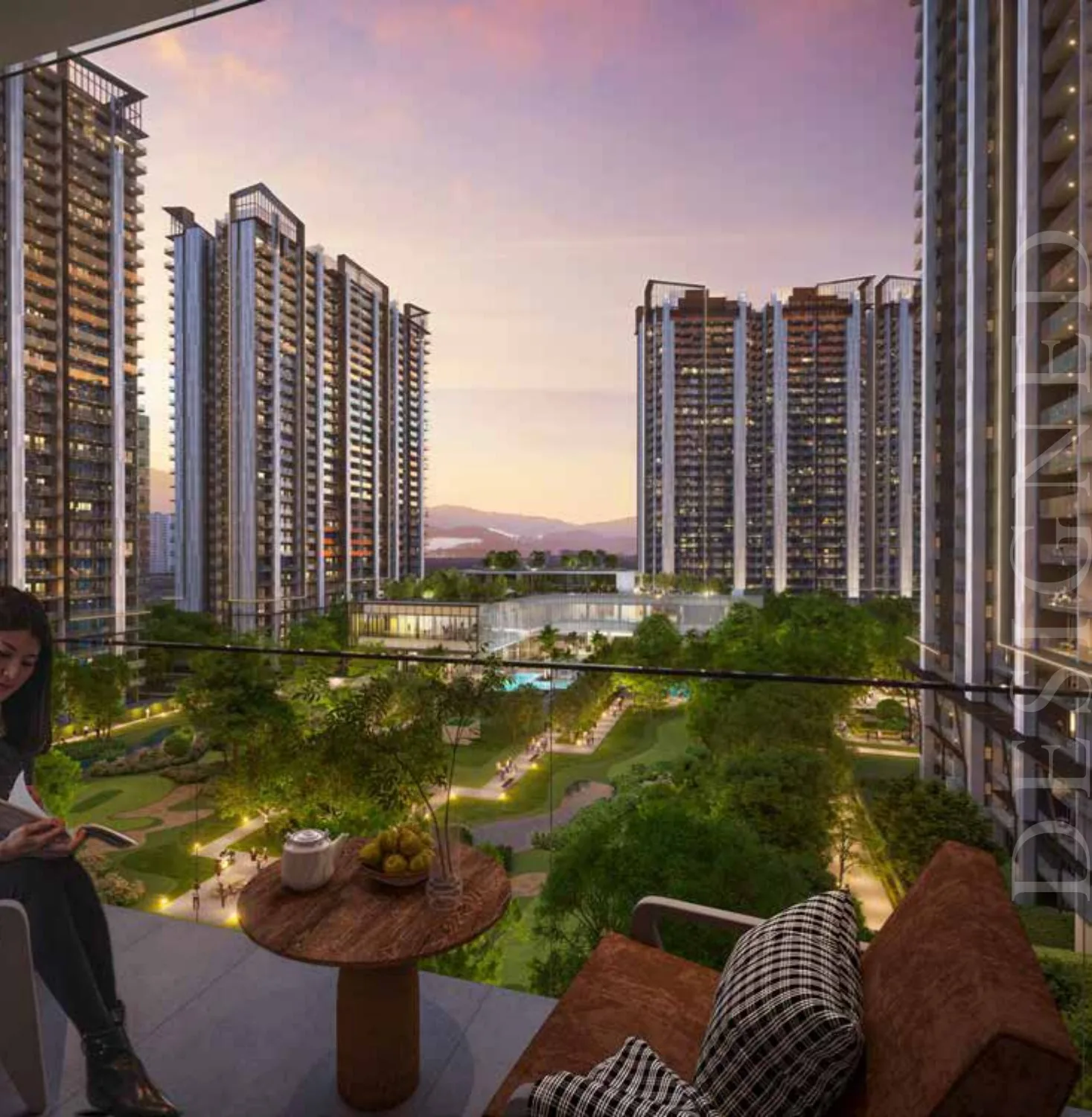 Panoramic Aravali and golf-green view from a M3M Golf Hills balcony at sunset, Sector 79 Gurgaon