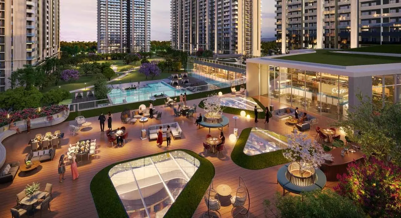 Rooftop restaurant and sky lounge deck at M3M Golf Hills at night