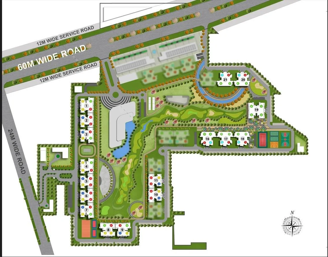 M3M Golf Hills site plan showing peripheral towers, central greens, golf course, clubhouse and sports arena