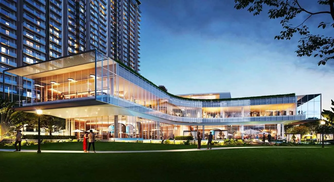 The largest clubhouse in the vicinity at M3M Golf Hills, lit at dusk