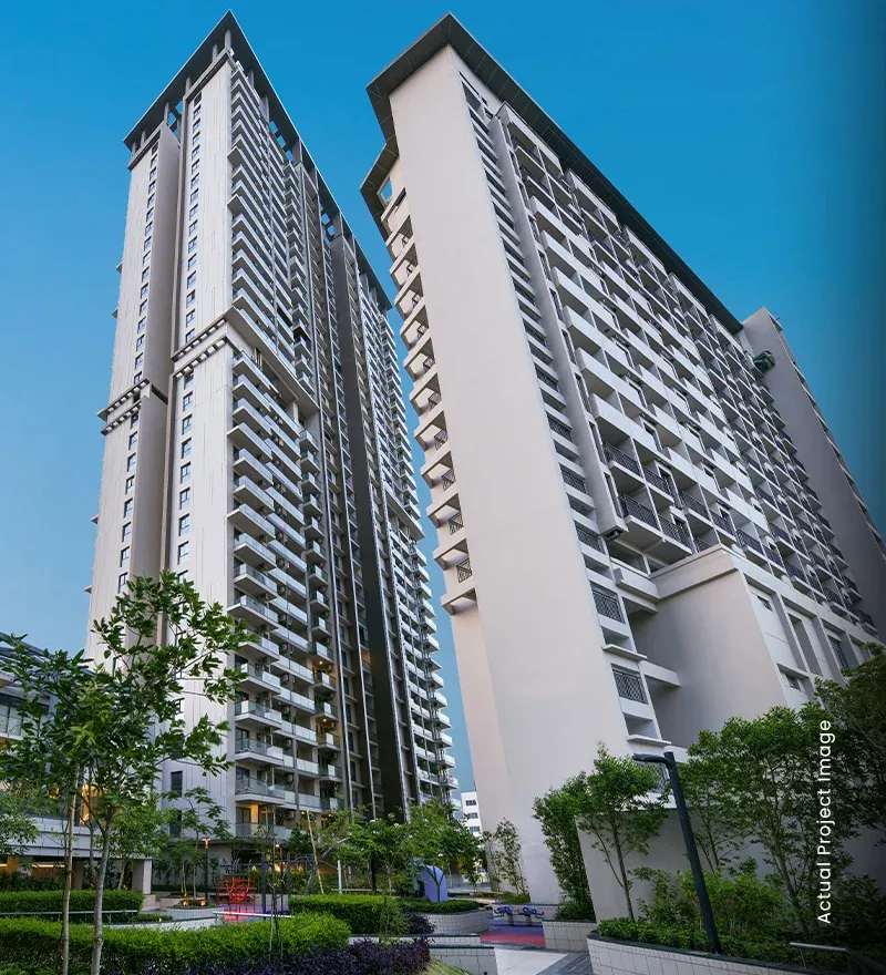 Architectural view of the M3M Heights towers and community spaces at 65th Avenue, Gurugram