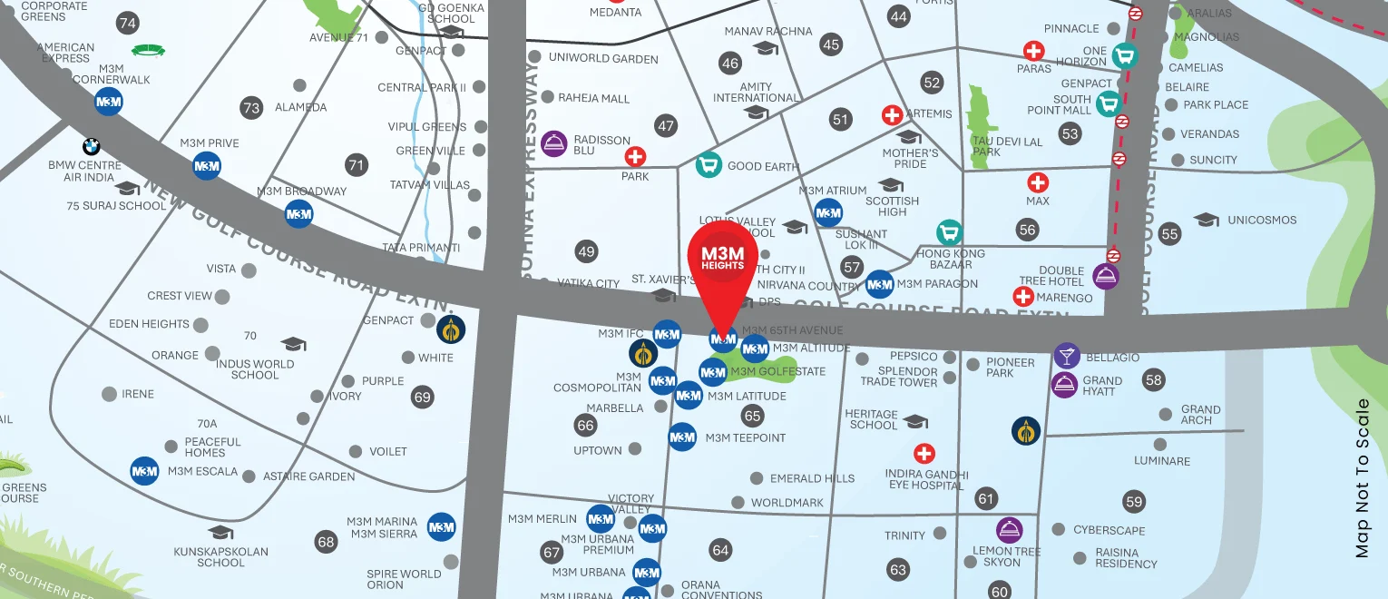 M3M Heights location map showing DPS International, M3M IFC, Urbana and CK Birla Hospital nearby