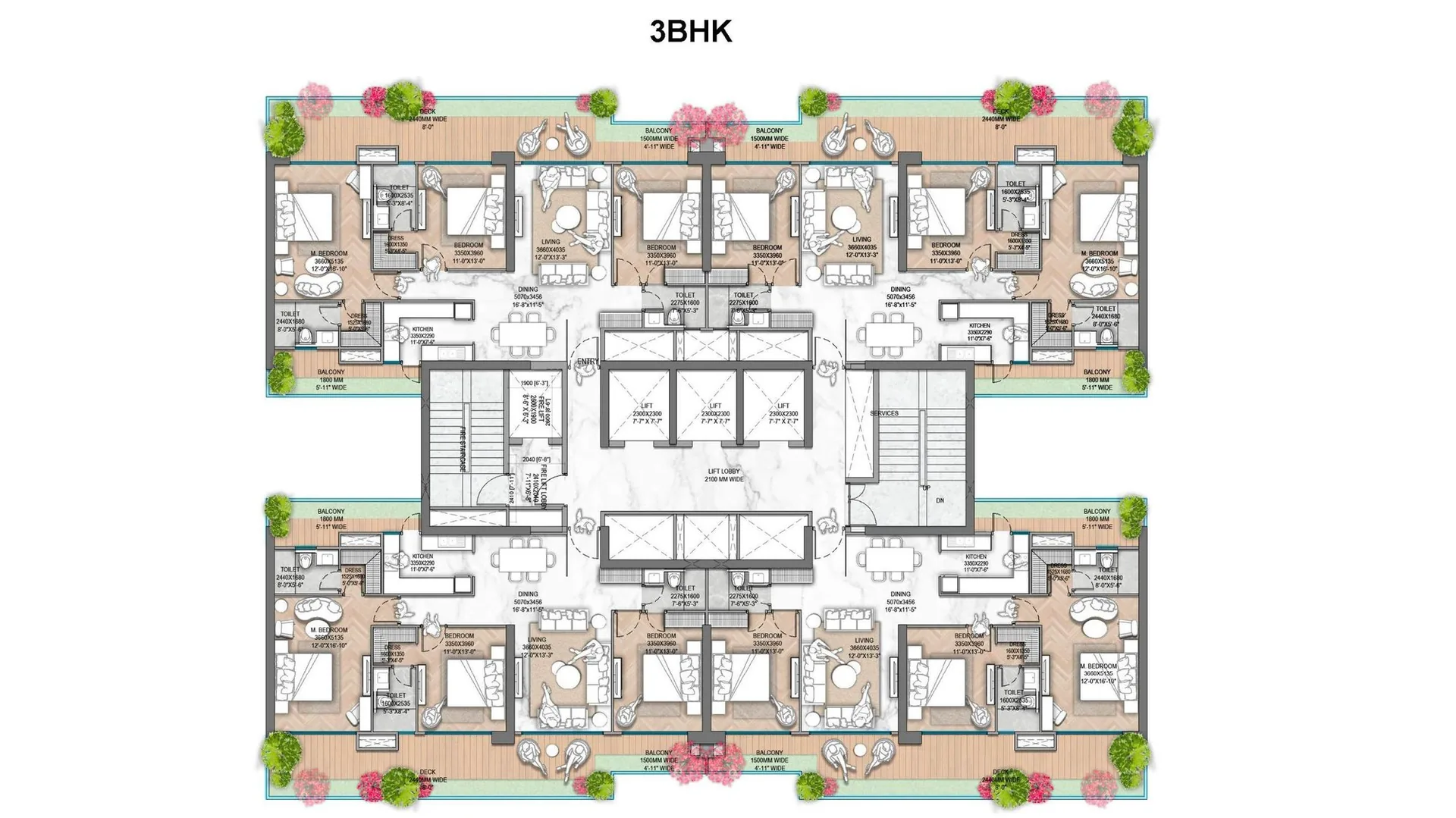 M3M Jacob & Co Residences 3 BHK floor plan with room dimensions, decks and three toilets