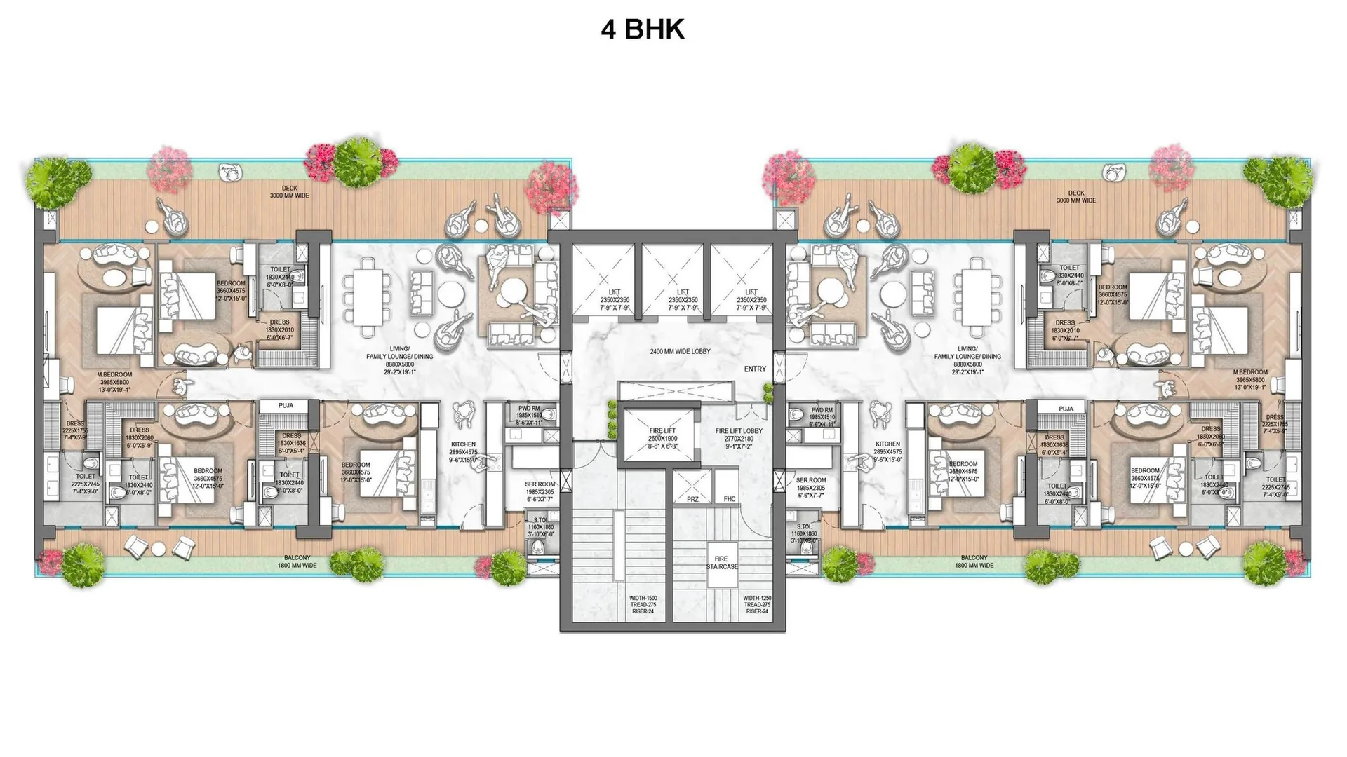M3M Jacob & Co Residences 4 BHK floor plan with 29 foot living lounge dining, puja and servant room