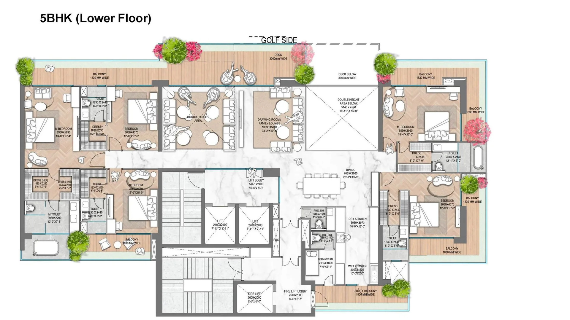 M3M Jacob & Co Residences 5 BHK duplex lower floor plan with double-height drawing room and golf-side deck