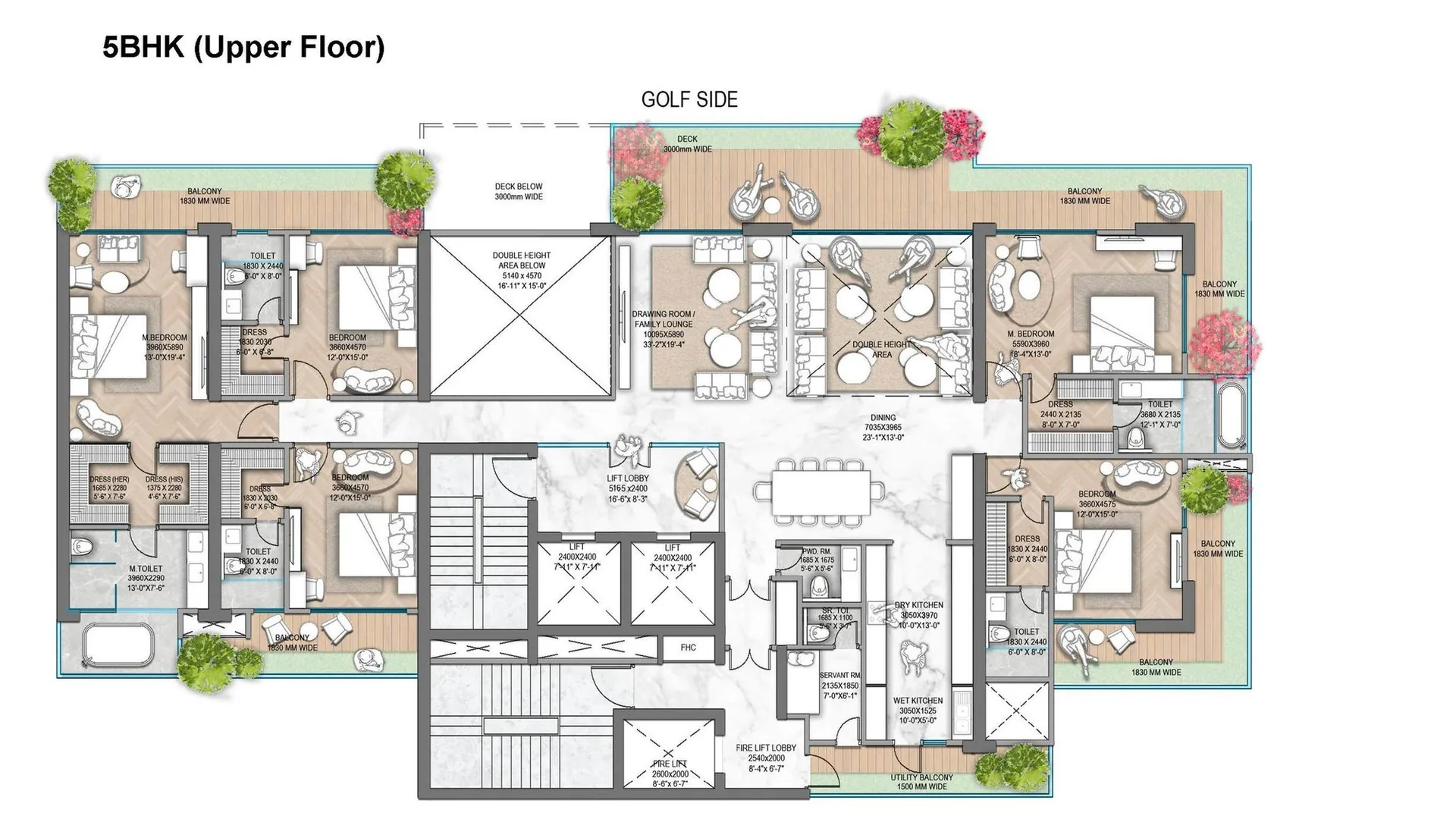 M3M Jacob & Co Residences 5 BHK duplex upper floor plan opening over the double-height living volume