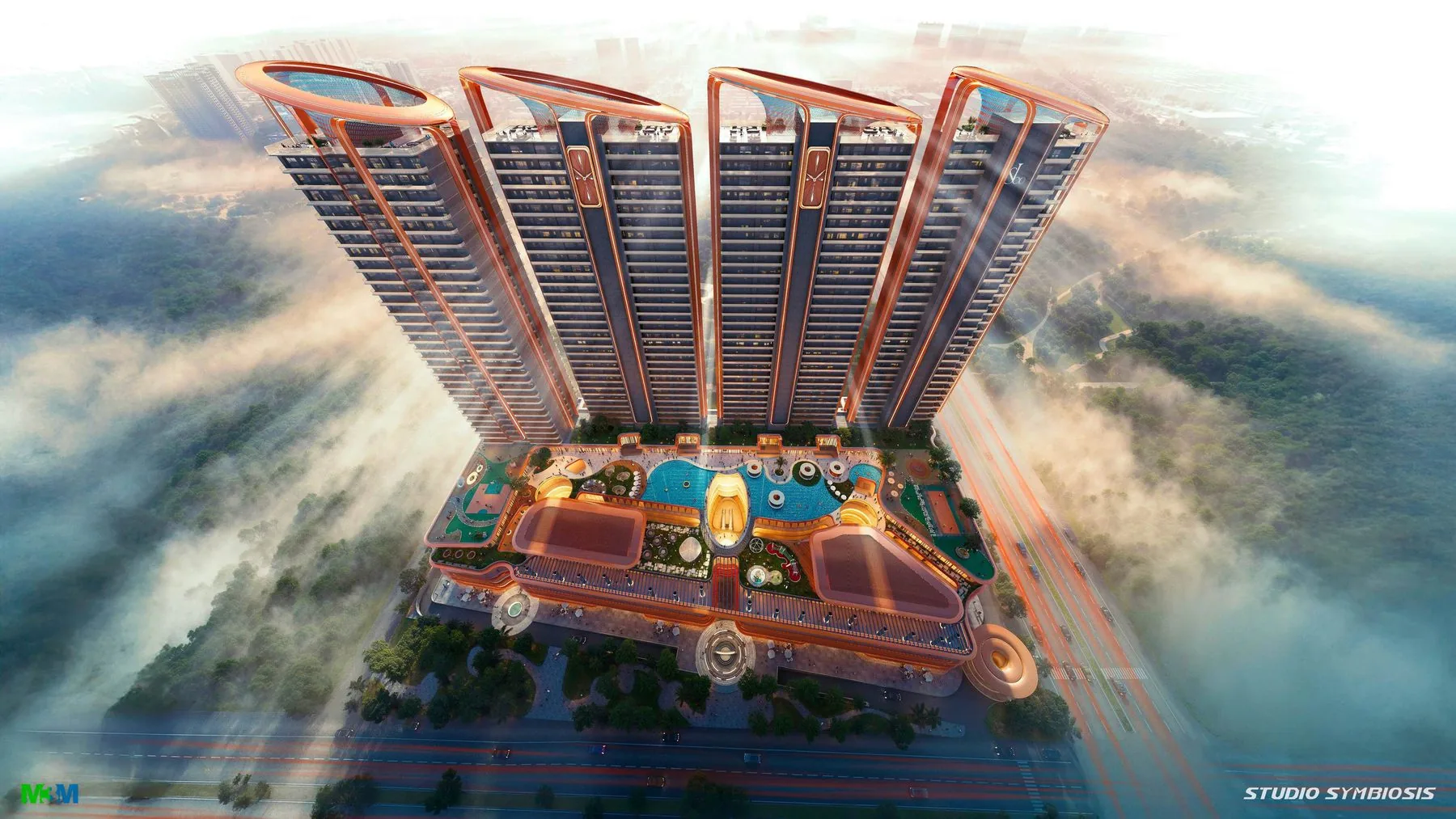 Aerial dusk view of M3M Jacob & Co Residences four towers over the leisure podium
