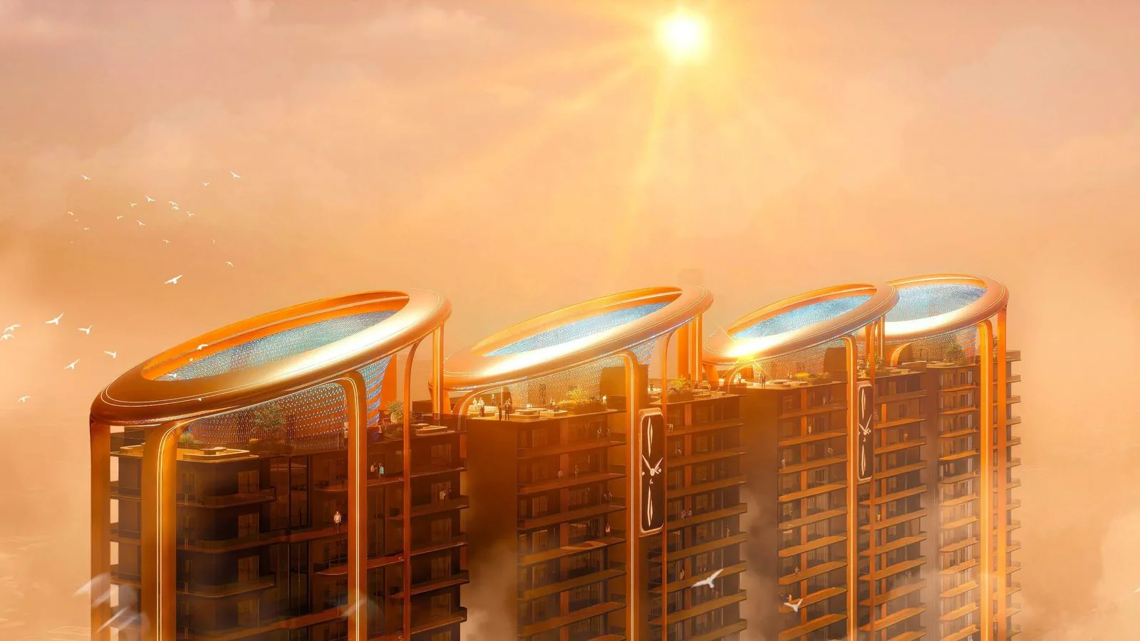 Golden-hour view of the four rooftop Crowns of M3M Jacob & Co Residences