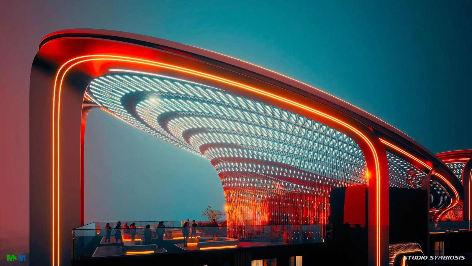 Illuminated latticework Crown canopy over the sky deck at M3M Jacob & Co Residences at dusk