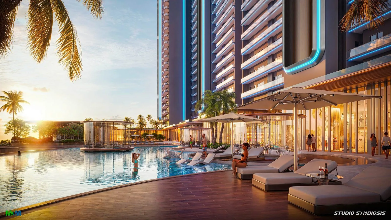 Poolside leisure deck at M3M Jacob & Co Residences at sunset with loungers and cabanas