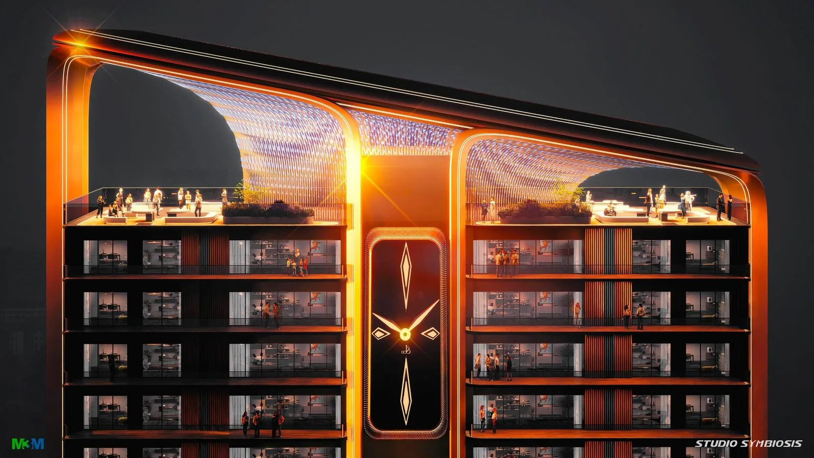 Rooftop Crown of M3M Jacob & Co Residences with the illuminated Jacob & Co clock motif at night