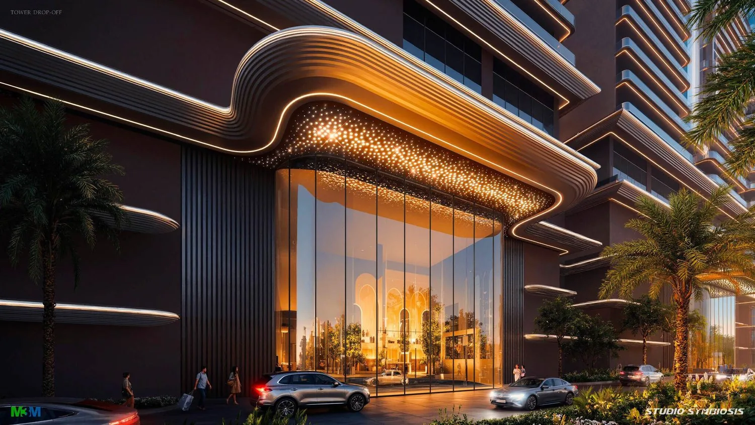 Sculptural tower drop-off and double-height arrival lobby at M3M Jacob & Co Residences