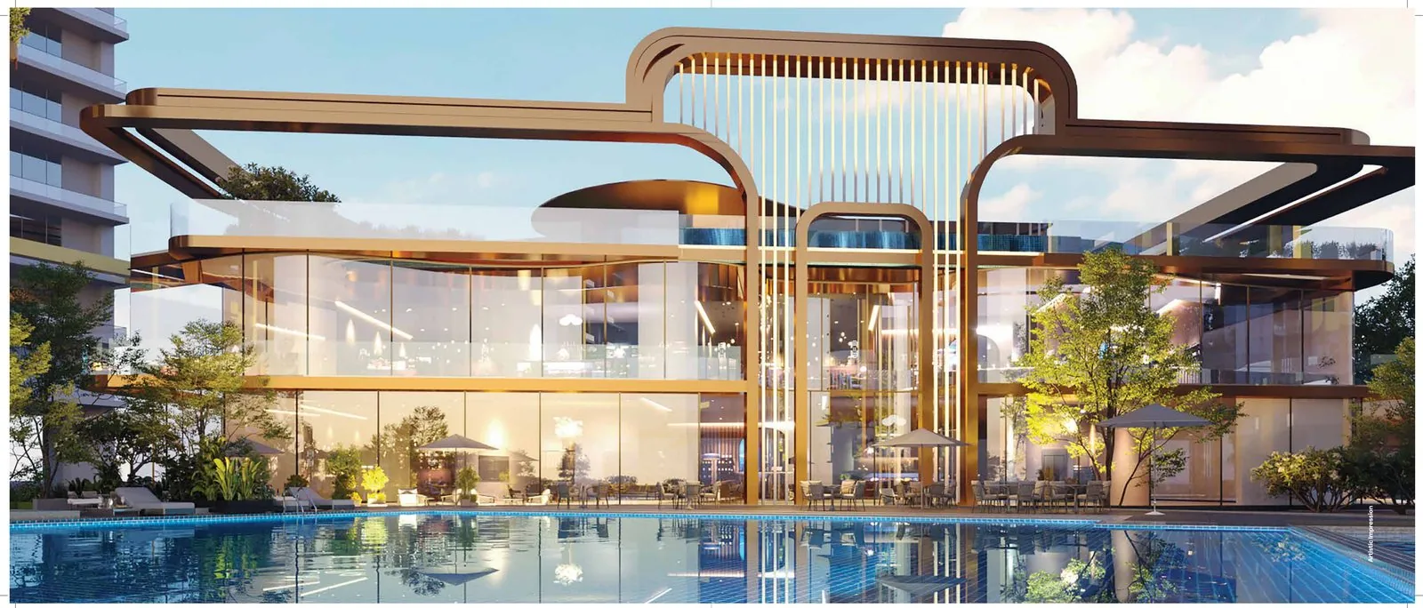 Club Imperial gold clubhouse with pool deck at M3M Mansion