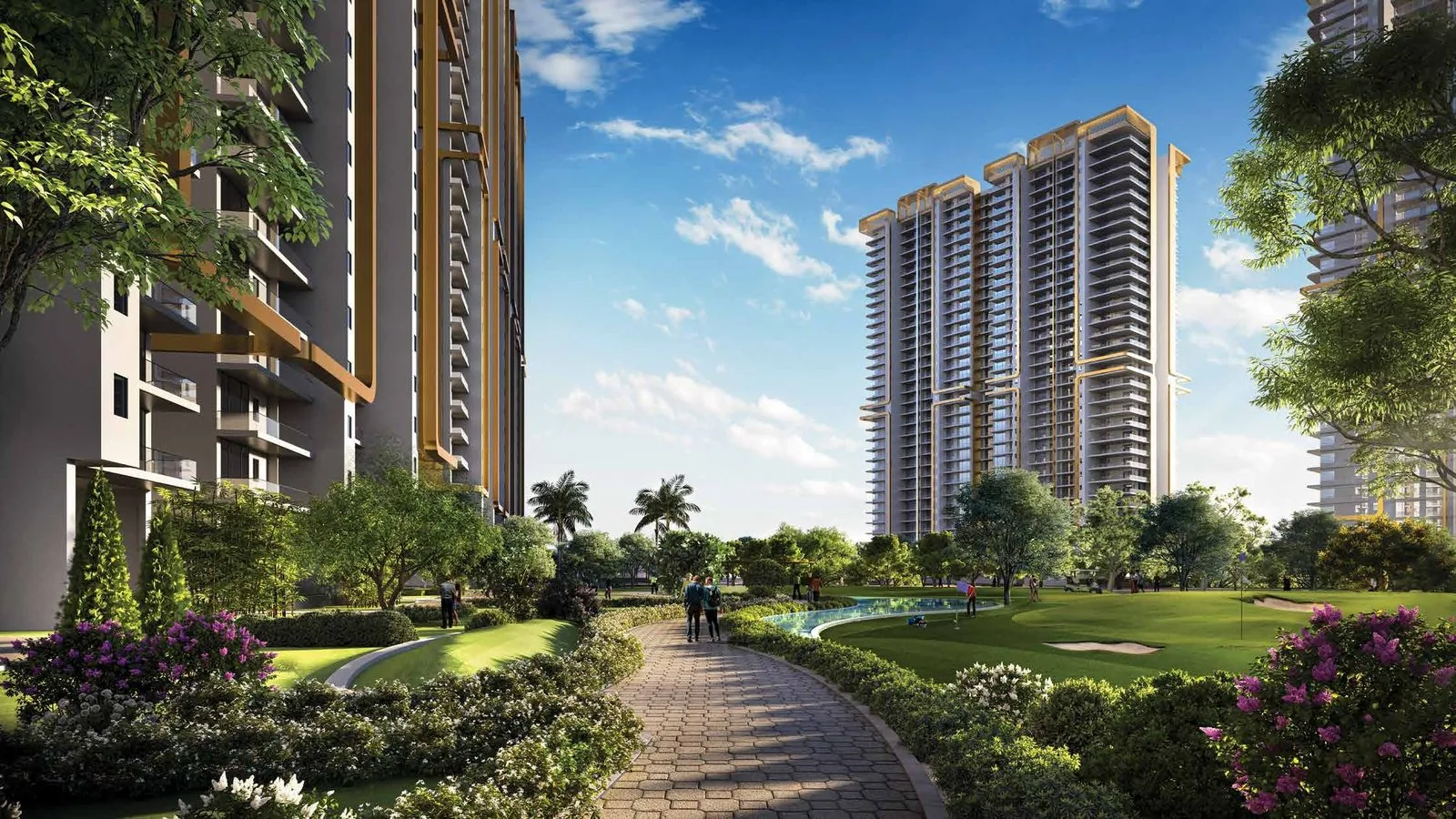 M3M Mansion golf-facing towers with landscaped greens and walkways, Sector 113 Dwarka Expressway