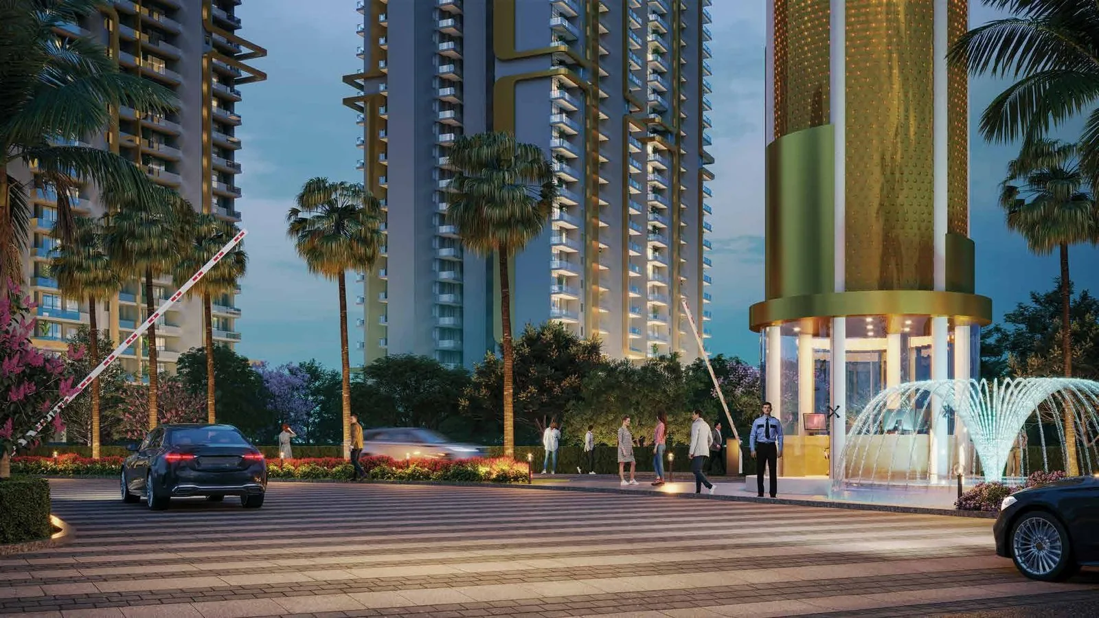 Grand access-controlled entrance plaza with fountains at M3M Mansion
